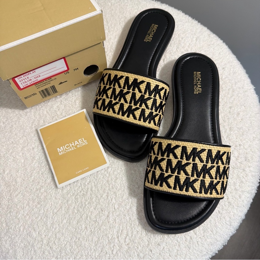 Michael Kors Deanna Black and Tan Slide Sandals